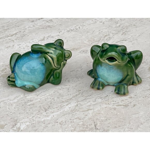 Handmade Other - Vintage Ceramic Green Frog Figurines Set Of 2 Hand-Painted Glossy Finish